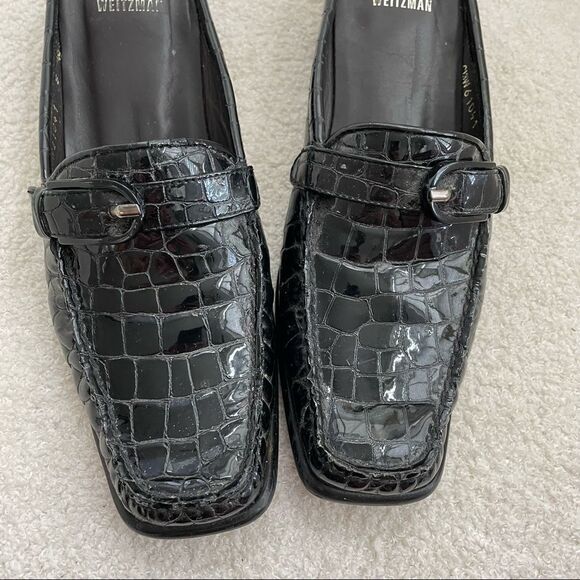Stuart Weitzman Black Crocodile Patent Leather Block Heel Mules Shoes 8 Narrow - Picture 4 of 11